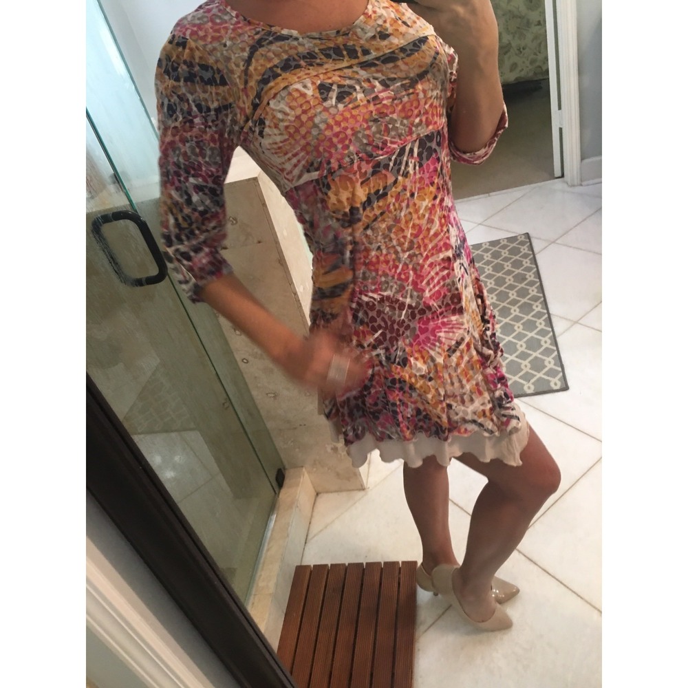 Linea Domani Knit Tunic Dress Feather Print 3/4 Sleeve Mini Multi-Color Size 4